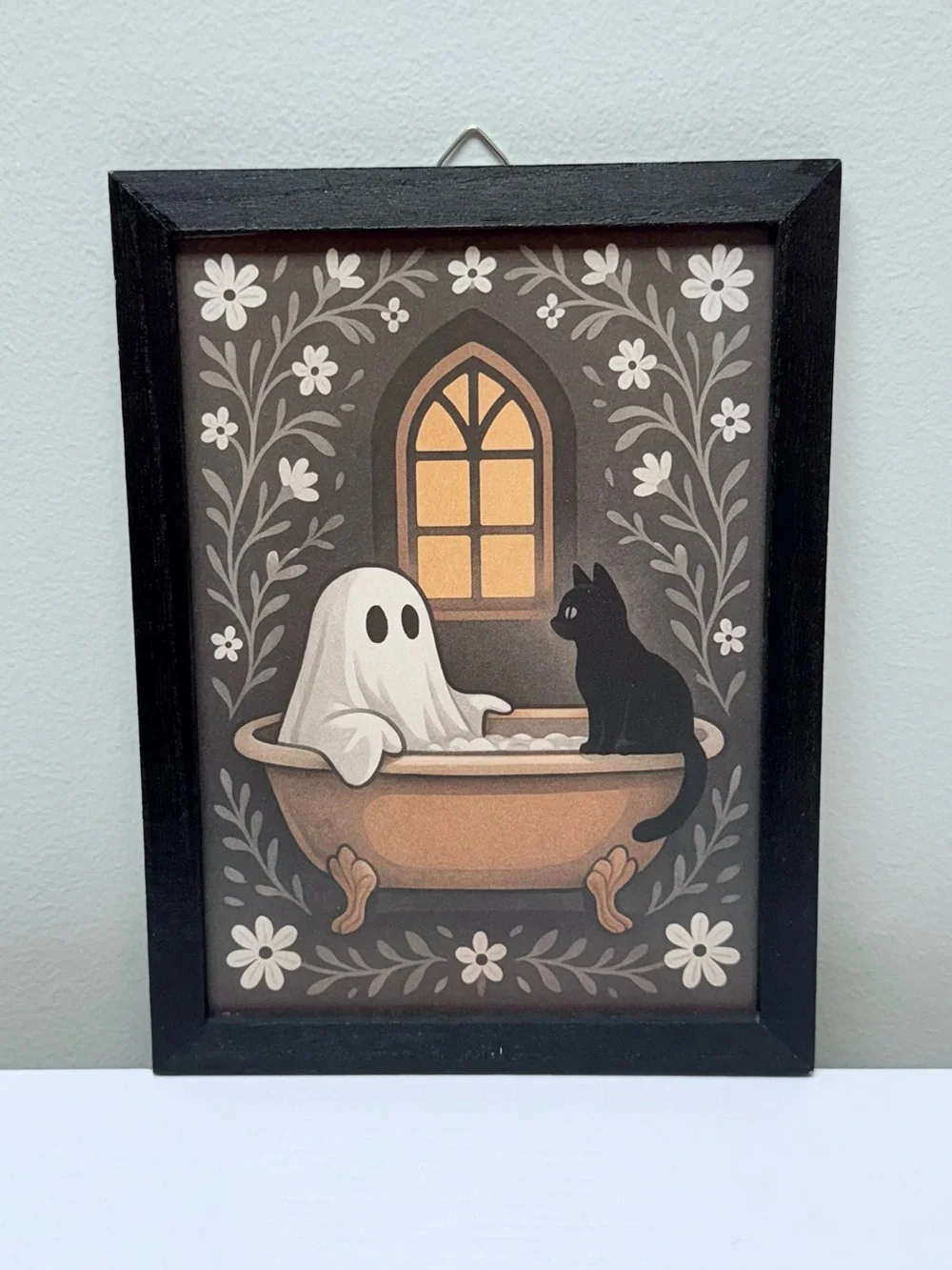 New! Framed Halloween Ghost and Black Cat Bathtub Wall Art - Black Frame
